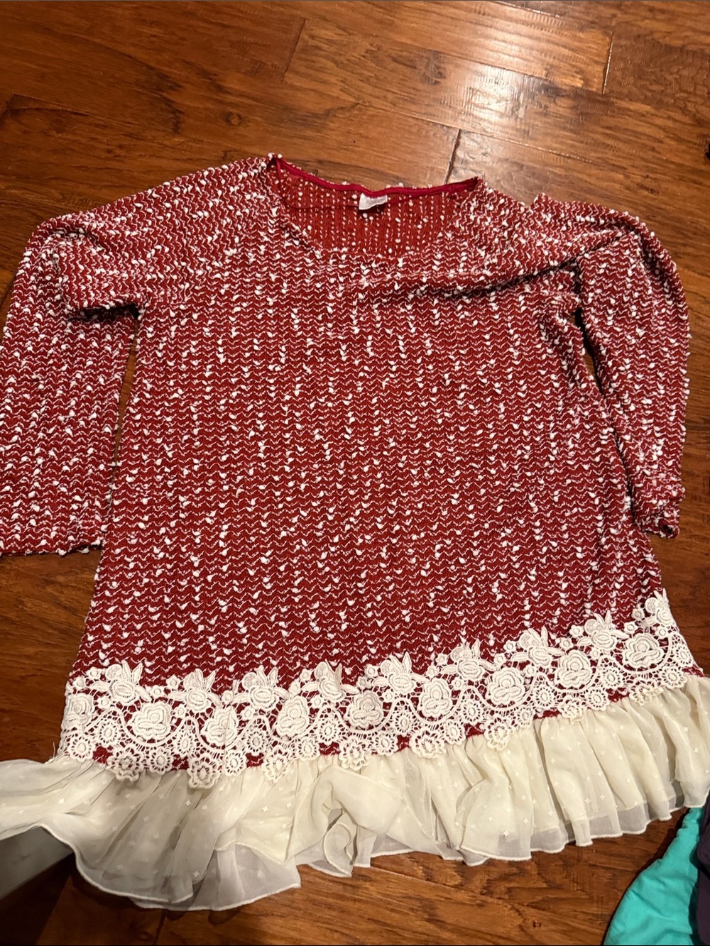Women’s Red Crochet-Trim Scoop Neck Sweater